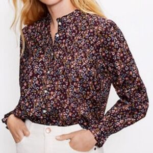 LOFT Floral Ruffle Pleated Button Up Long Sleeve Top Classy Country Boho Medium